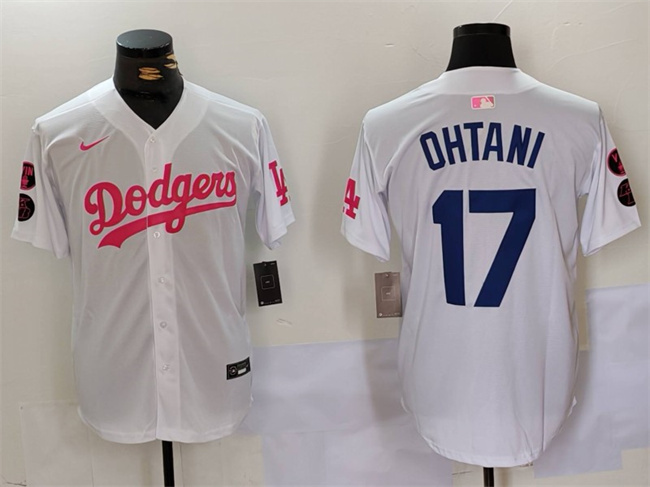 Men's Los Angeles Dodgers #17 Shohei Ohtani White/Pink Vin & Kobe Patch Stitched Baseball Jersey Men's Los Angeles Dodgers #17 Shohei Ohtani White/Pink Vin & Kobe Patch Stitched Baseball Jersey